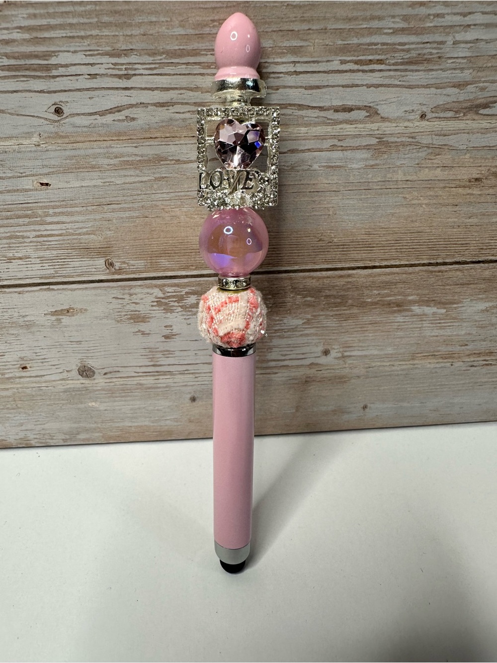 Pink Beaded Stylus Pen with 'Love' Crystal Accent